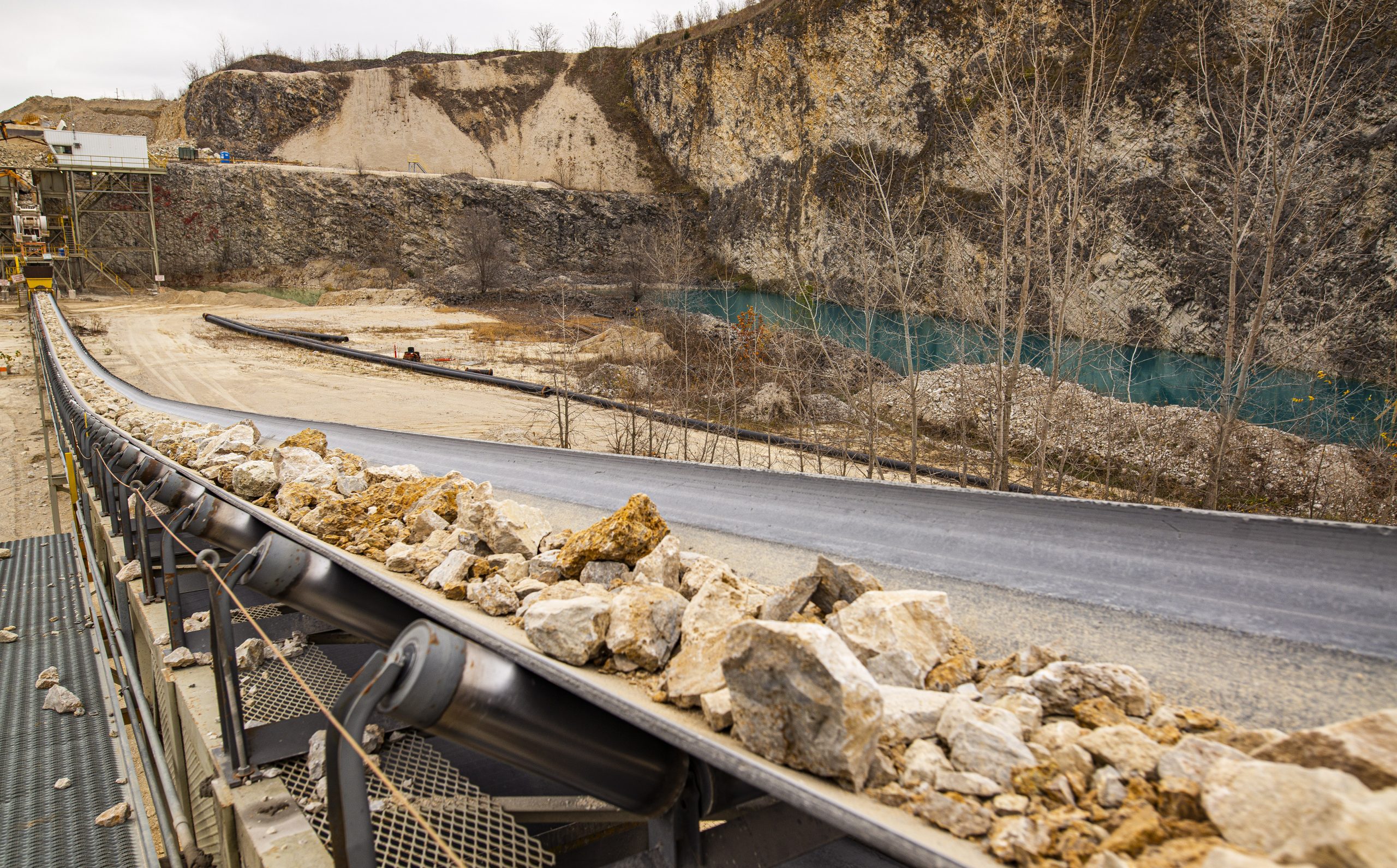 Aggregate material on conveyor at the Delphi quarry.